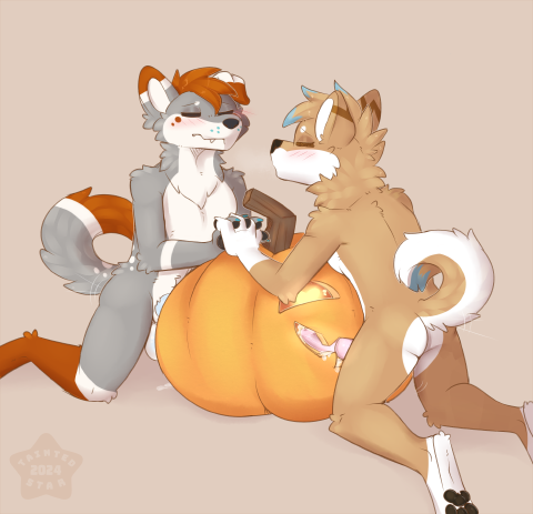 Kyru & Pheo spitroasting a Jack-o-lantern